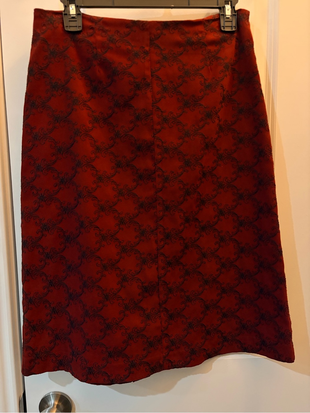 Vintage Harold's Red Midi Skirt with Black Scroll Motif